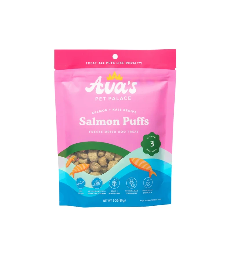 Ava's Pet Palace Freeze-Dried Salmon Puffs – Omega-3 Rich Wild-Caught Salmon, Kale & Flaxseed Dog Treats – 3 oz