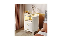 Tribesigns 2-Drawer Nightstand with Glass Tabletop, Modern White Oval Led Nightstands, No Assembly Required, Oval Round Night Stand Side Table for Bed