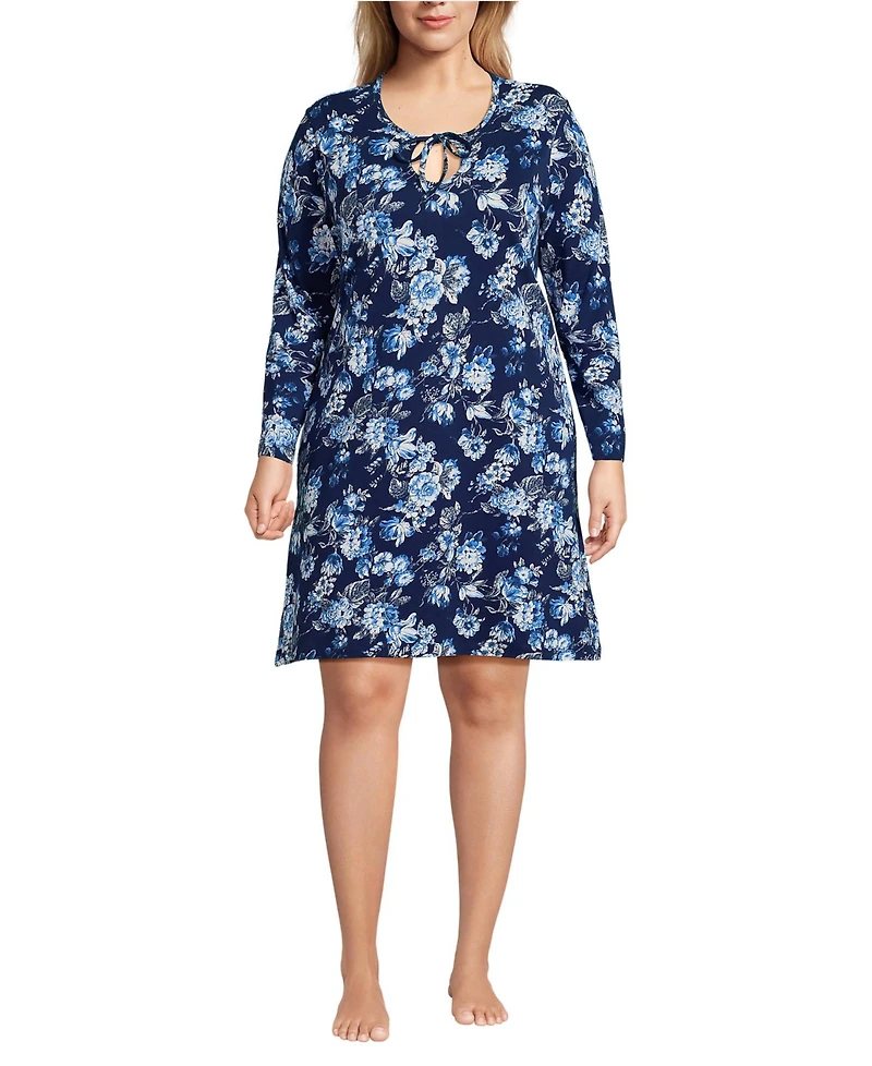Lands' End Plus Cotton Interlock Long Sleeve Above the Knee Nightgown