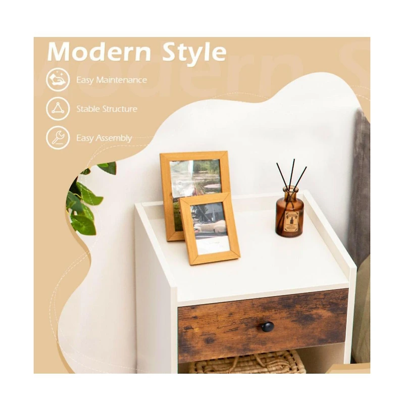 Set of 2 Nightstand with Drawer Cabinet End Side Table Raised Top