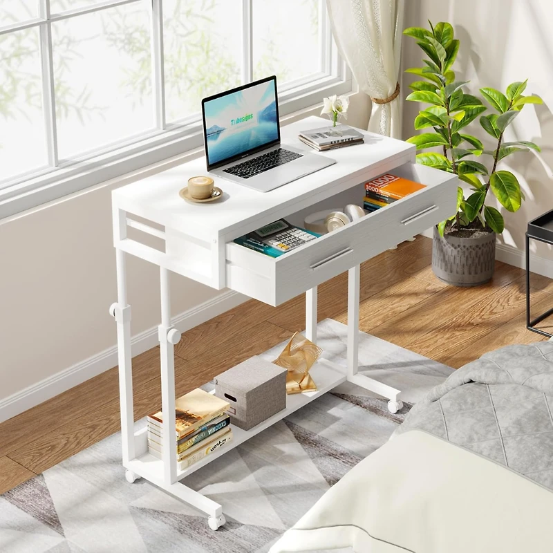 Tribesigns Portable Desk with Drawers, Mobile Laptop Desk with Wheels, Couch Desk Sofa Side Table Bed Desk, Small Standing Desk for Home Office