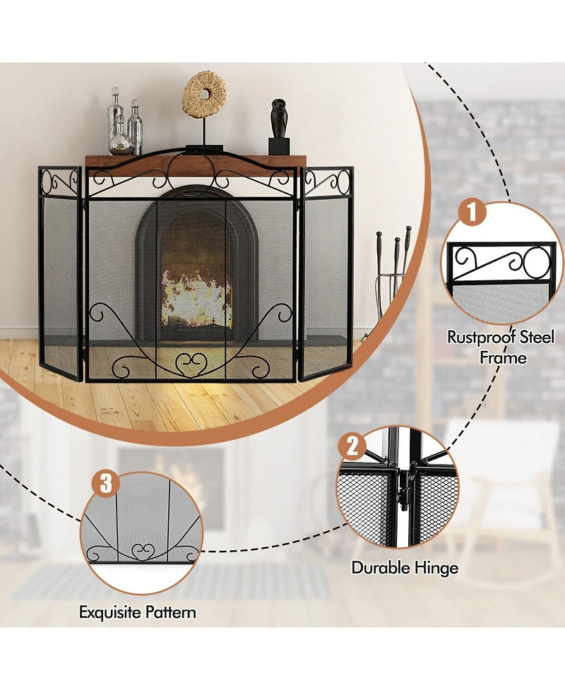 3-Panel Freestanding Fireplace Screen Folded Fire Doors