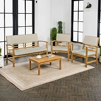 Jonathan Y Barclay 4-Piece Modern Coastal Acacia Wood Conversation Outdoor Patio Set with Cushions, Orange/Teak Brown
