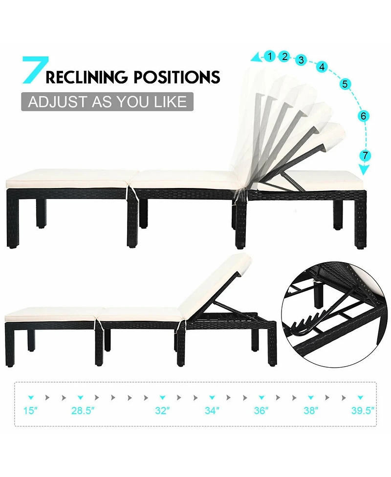 Gymax 2PCS Cushioned Patio Rattan Chaise Lounge Chair Recliner w/ Adjustable Height