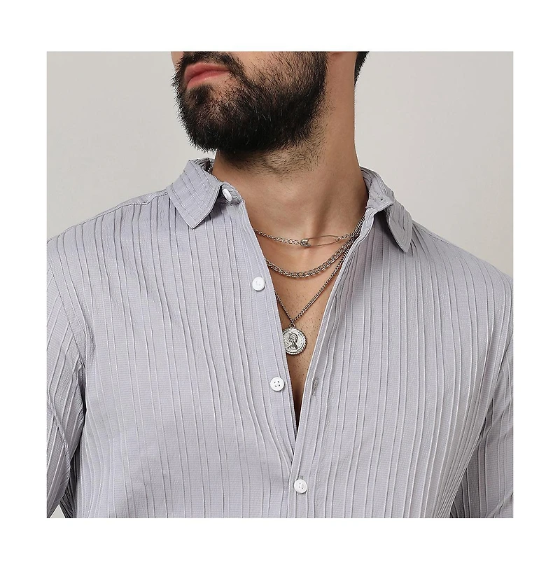 Men's Moon Grey Self-Design Striped Shirt