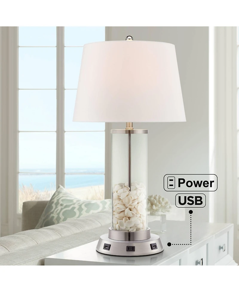 360 Lighting Modern Table Lamp with Usb and Ac Power Outlet Workstation Charging Base 26.25" High Fillable Clear Glass Drum Shade Living Room