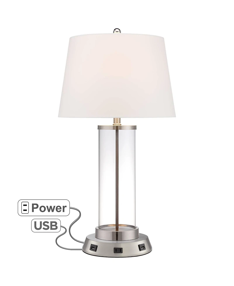 360 Lighting Modern Table Lamp with Usb and Ac Power Outlet Workstation Charging Base 26.25" High Fillable Clear Glass Drum Shade Living Room