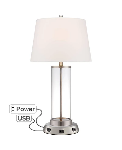 360 Lighting Modern Table Lamp with Usb and Ac Power Outlet Workstation Charging Base 26.25" High Fillable Clear Glass Drum Shade Living Room