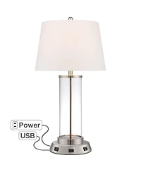 360 Lighting Modern Table Lamp with Usb and Ac Power Outlet Workstation Charging Base 26.25" High Fillable Clear Glass Drum Shade Living Room