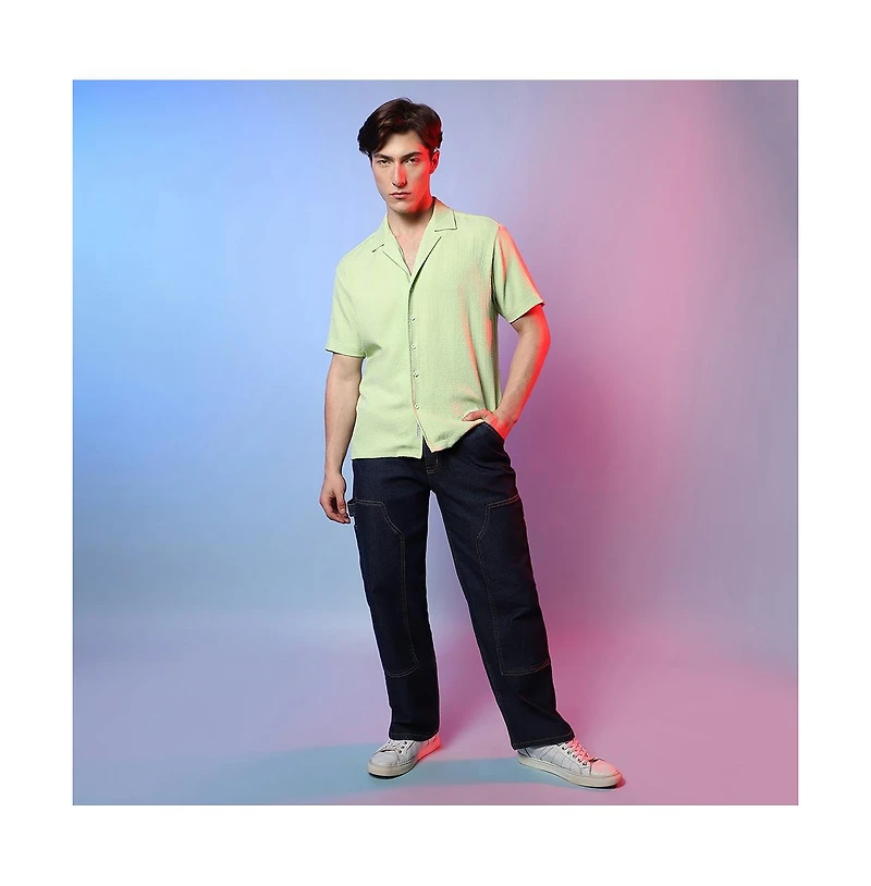 Men's Lime Green Self-Design Creased Box Shirt