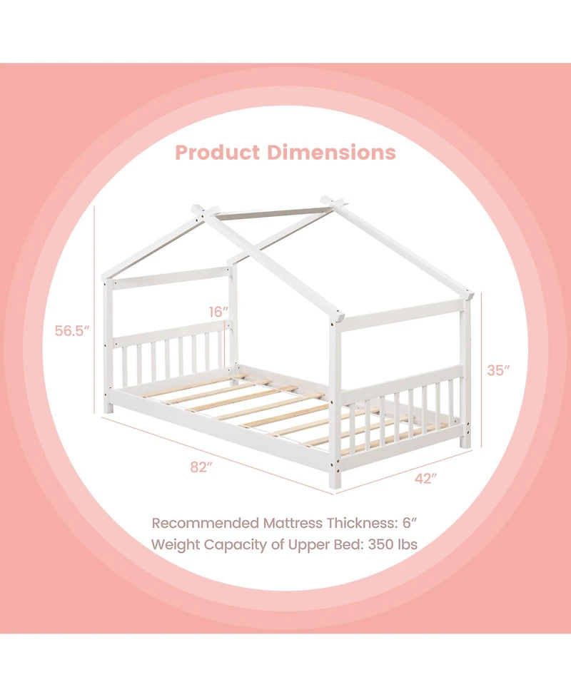 Sugift Twin Size Wooden House Bed with Roof