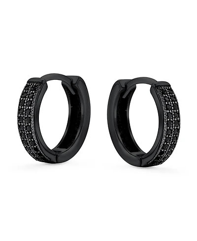 Bling Jewelry Black Pave Cz Cubic Zirconia Micro Pave 2 Row Huggie Hoop Earrings Cubic Zirconia Ip Black Sterling Silver .30 Diameter