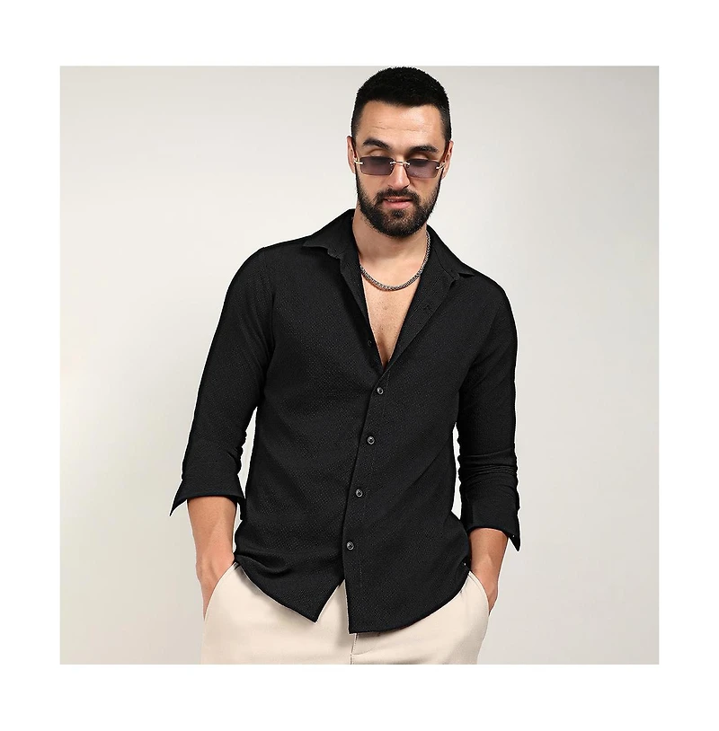 Campus Sutra Men's Midnight Black Embossed Micro Check Shirt