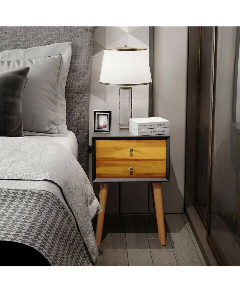 Sugift Mid-Century Wooden Multipurpose End Table with 2 Storage Drawers