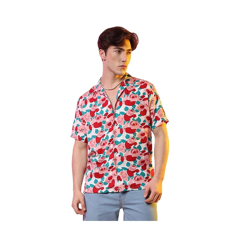 Men's Scarlet Red Rose Foliage Shirt