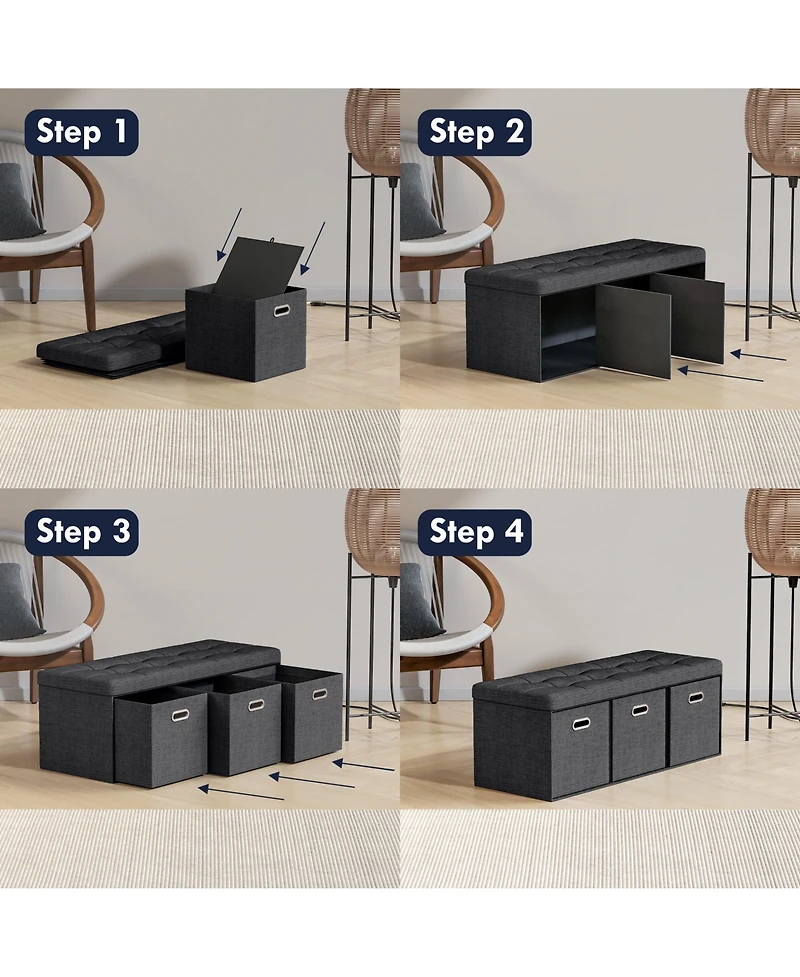 Collapsible Tufted Linen Long Bench Storage Ottoman with 3 Drawers
