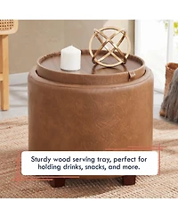 Lawrence Round Faux Leather Storage Ottoman with Table Top Lid