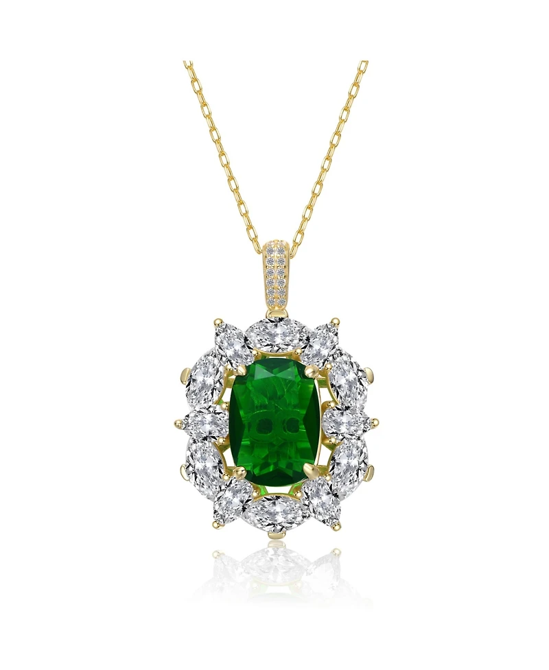 Sterling Silver 14k Gold Plated Green Cubic Zirconia Oval Halo Cluster Necklace