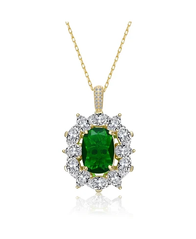 Sterling Silver 14k Gold Plated Green Cubic Zirconia Oval Halo Cluster Necklace