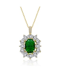 Sterling Silver 14k Gold Plated Green Cubic Zirconia Oval Halo Cluster Necklace
