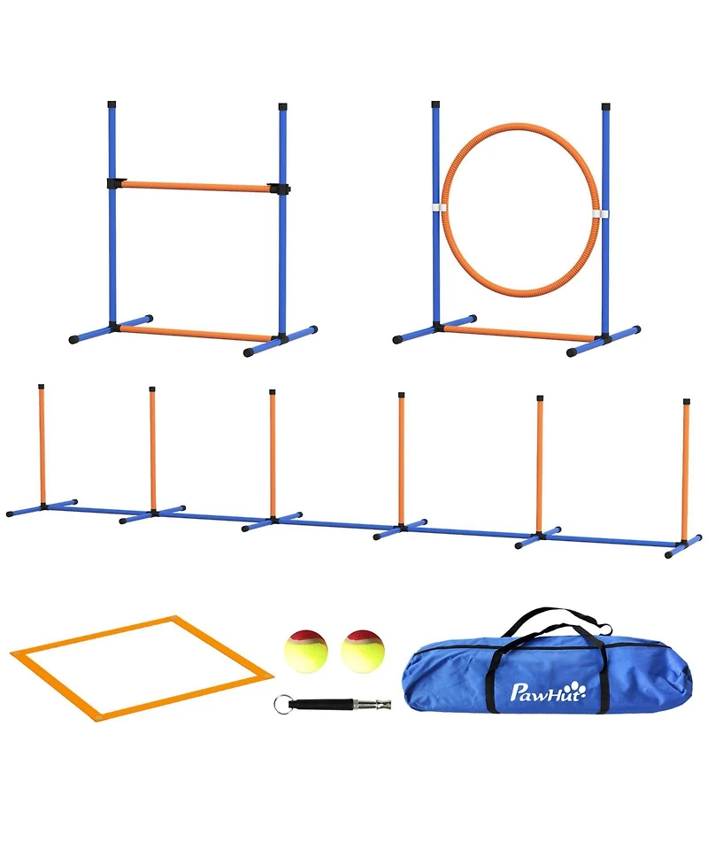 PawHut Dog Agility Training Equipment W/ Weave Poles, Adjustable Hurdle