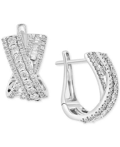 Effy Diamond Round & Baguette Crossover Huggie Hoop Earrings (7/8 ct. t.w.) in 14k White Gold