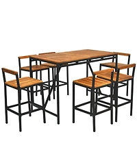 Sugift 7 Pieces Acacia Wood Patio Rattan Bar Set with Umbrella Hole