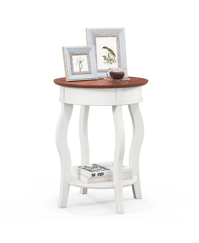 Sugift 2-Tier Round End Table with Storage Shelf and Solid Rubber Wood Legs
