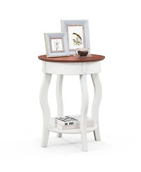 Sugift 2-Tier Round End Table with Storage Shelf and Solid Rubber Wood Legs