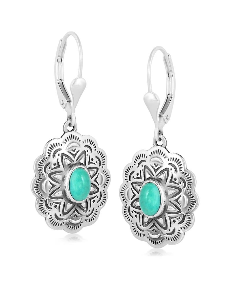 American West Jewelry Sterling Silver and Green Turquoise Gemstone Concha Lever Back Earrings