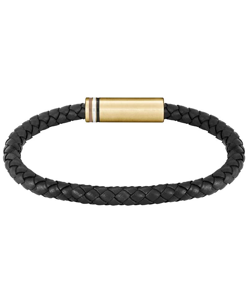 Hugo Boss Men's Ares Single Ionic Plated Thin Gold Steel Black Leather Bracelet
