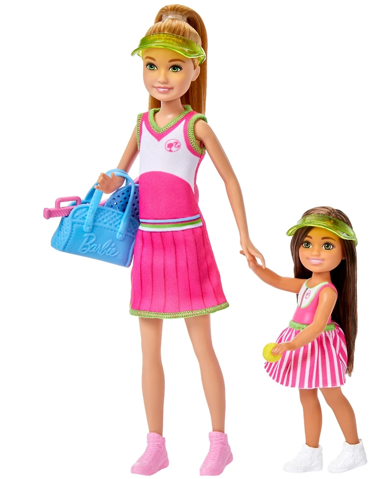 Barbie Stacie Chelsea Tennis Playset with 2 Dolls, Net 5+ Accessories, Moving Ball Action