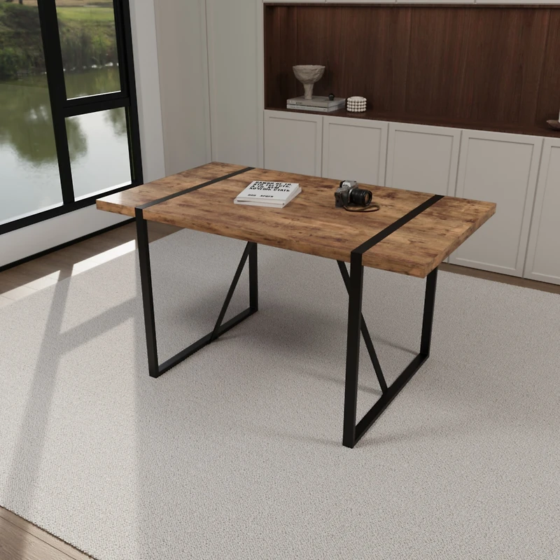 Streamdale Industrial Dark Wood Dining Table for 4-6, Mdf Top, Metal Legs