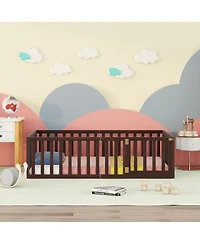 Simplie Fun Twin Size Wood Floor Bed Frame With Fence And Door, Walnut