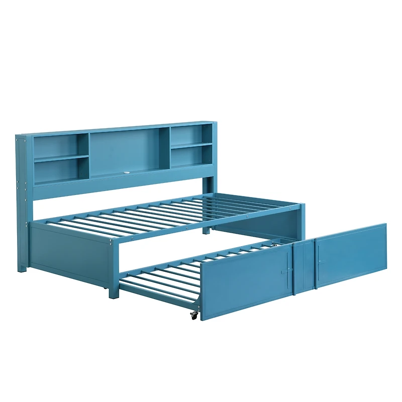 Simplie Fun Metal Twin Size Daybed With Twin Size Trundle, Storage Shelves And Usb Ports