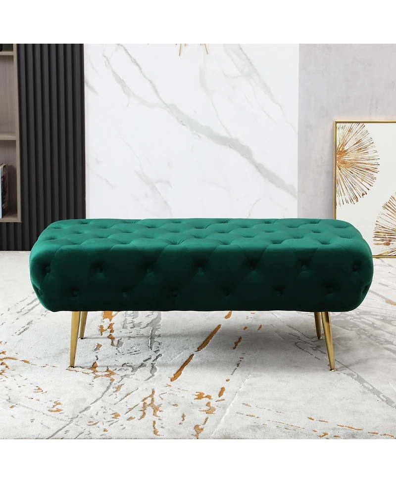 Velvet Button Tufted Bench with Gold Metal Legs, Green