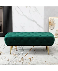 Velvet Button Tufted Bench with Gold Metal Legs, Green