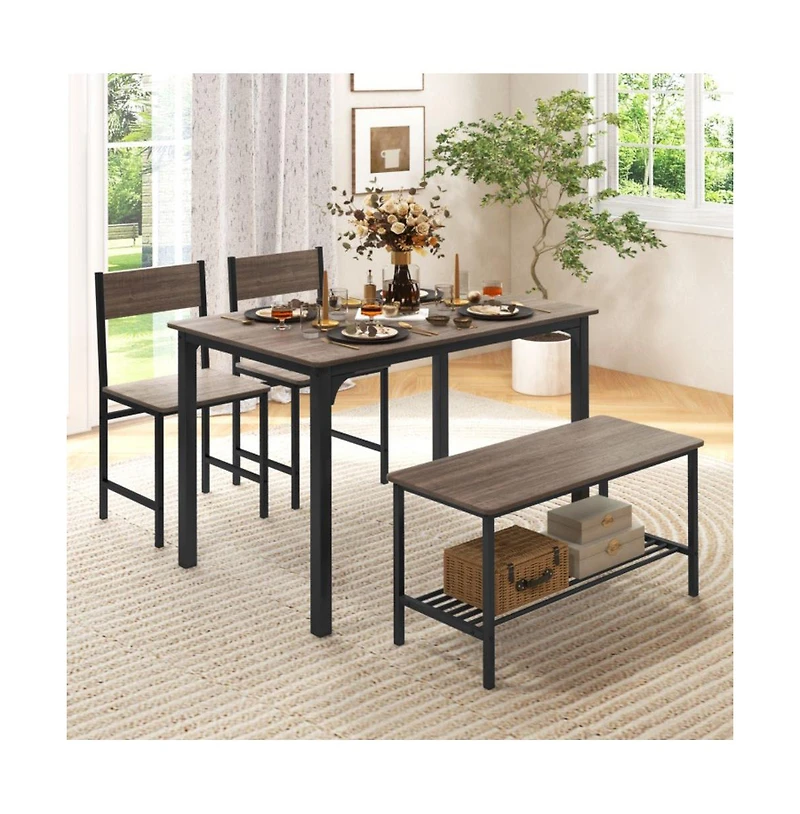 4 Pieces Rustic Dining Table Set with 2 Chairs and Bench