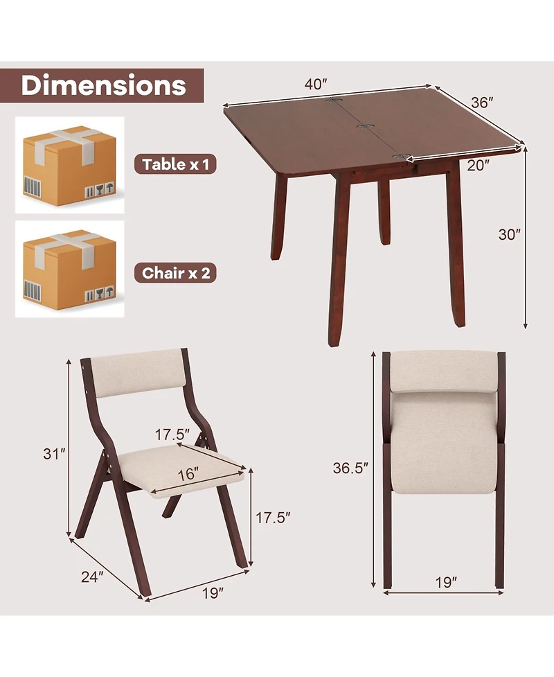 Sugift Kitchen Table Set for 2 Expandable Dining Table with 2 Upholstered Folding Chairs