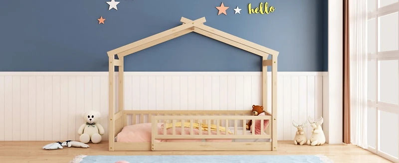 Streamdale Walnut Fence Bed House Frame for Kids and Teens