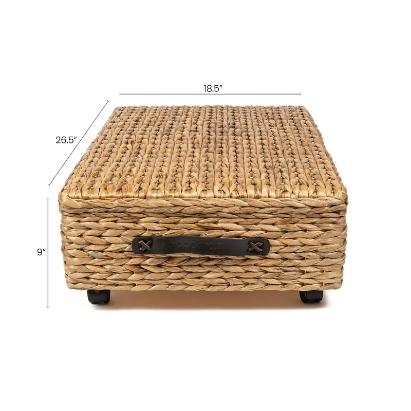 Chett 26.38" Minimalist Hand-Woven Hyacinth/Wood Underbed Storage Bin with Wheels and Handles