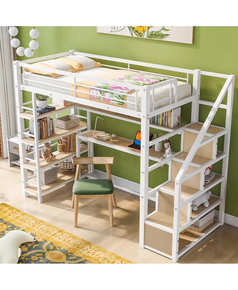 Simplie Fun Twin Size Metal Loft Bed With Staircase, Built-In Desk And Storage Shelves