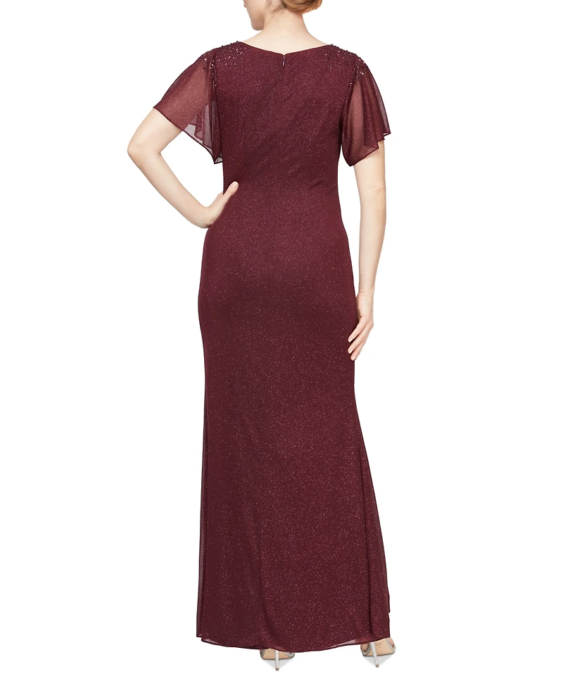 Sl Fashions Women's Round-Neck Flutter-Sleeve Gown