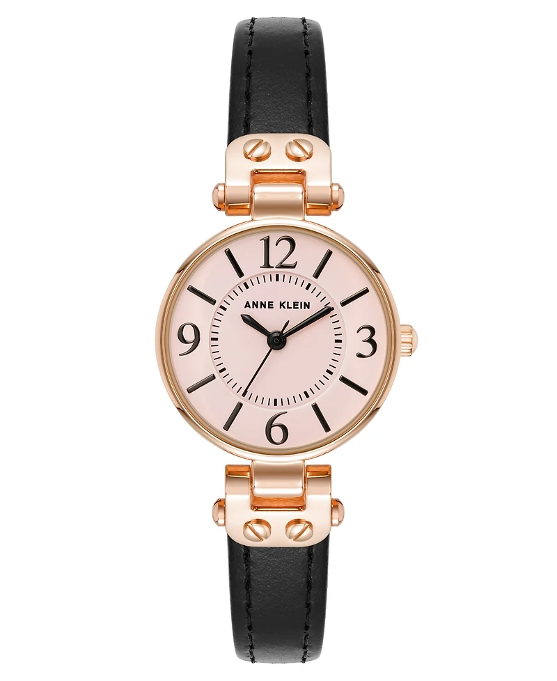Anne Klein Women's Quartz Black Essential Leather and Rose Gold-Tone Alloy Metal Strap Watch, 26mm