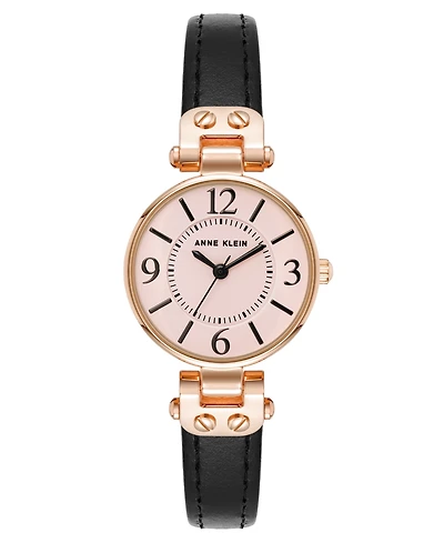 Anne Klein Women's Quartz Black Essential Leather and Rose Gold-Tone Alloy Metal Strap Watch, 26mm