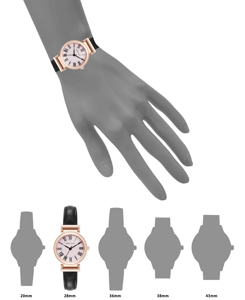 Anne Klein Women's Quartz Black Classic Leather and Rose Gold-Tone Alloy Metal Strap Watch, 28mm
