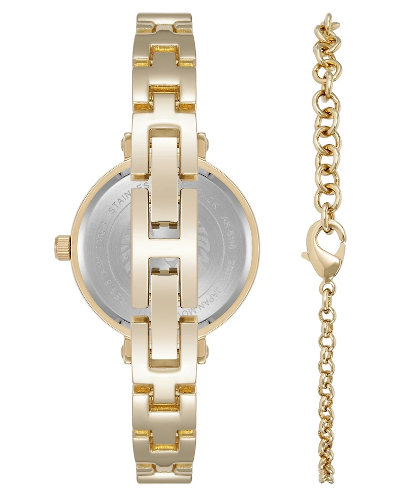 Anne Klein Women's Quartz Round Abalone Gemstone Gold-Tone Alloy Metal Bangle Watch Set, 30mm