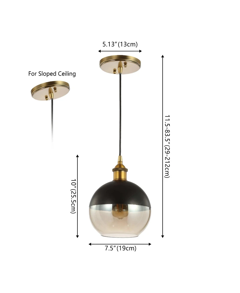 Jonathan Y Nixon 7.5" 1-Light Mid-Century Modern Metal/Glass Adjustable Drop Globe Led Pendants, Brass Gold/Black (Set of 2)