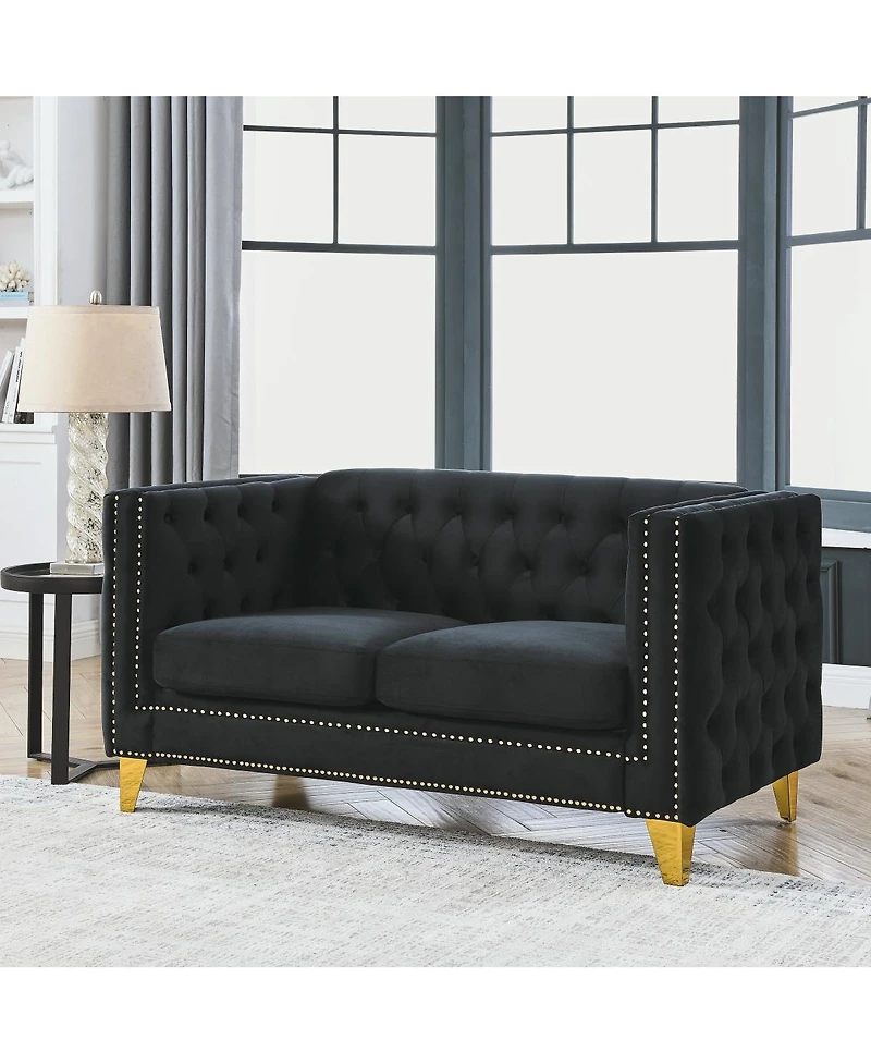 Streamdale Furniture Black Velvet Tufted Sofa with Metal Legs