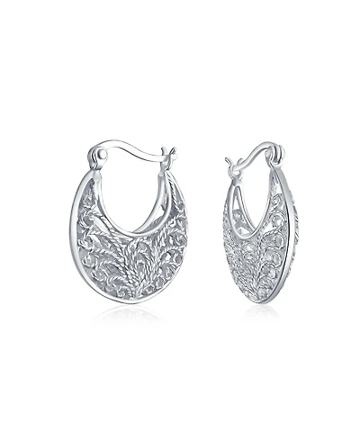 Bling Jewelry Boho Bohemian Bali Floral Open Wire Medium 3D Scroll Filigree Hoop Earrings Sterling Silver .75 Inch Diameter